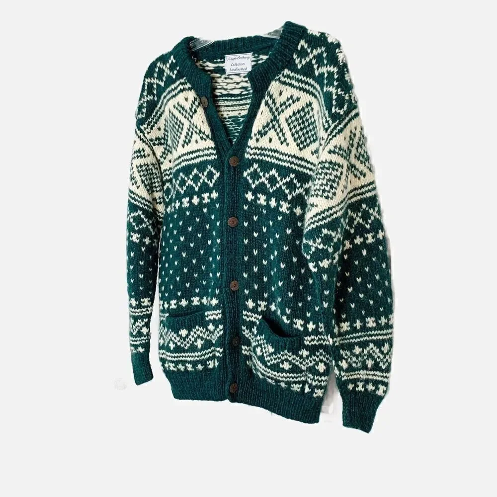 Vintage Joseph Anthony Collection Handknitted Wool Cardigan Sweater Green Cream
